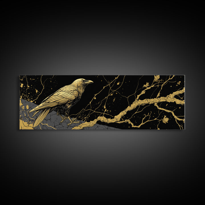 Odin’s Raven Canvas Gold Art Norse Mythology Canvas Art Viking Wall Decor with natural wood frame, Man Cave or Office Gift
