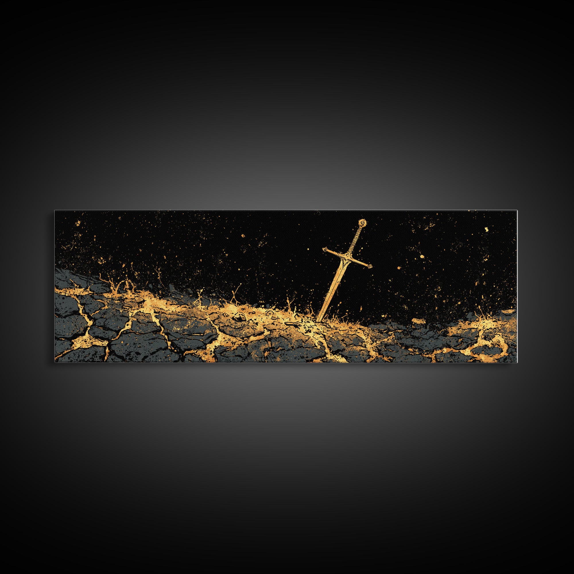 Viking Sword in Earth Canvas Gold Art Norse Mythology Canvas Art for Man Cave Decor with real wood frame, Office Warrior Gift