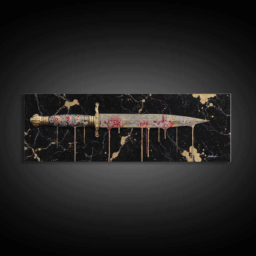 Decorative Dagger Canvas Gold Art Nordic Mythology Canvas Art Norse Weapon Decor framed in real wood, Viking Office Wall Art
