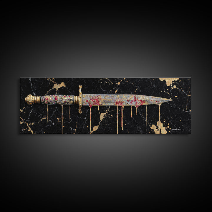 Decorative Dagger Canvas Gold Art Nordic Mythology Canvas Art Norse Weapon Decor framed in real wood, Viking Office Wall Art