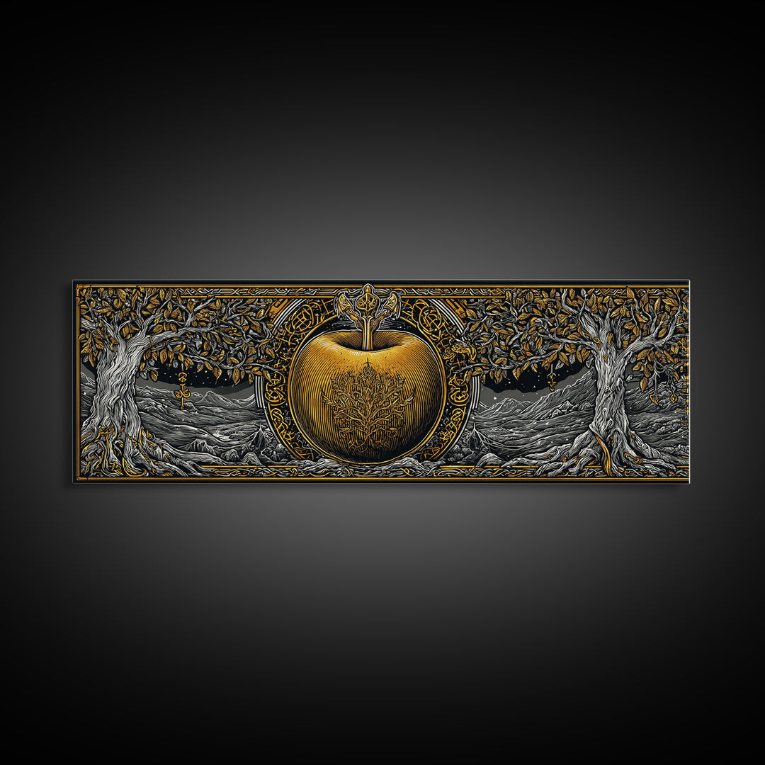 Norse Garden of Idunn Canvas Gold Art Viking Mythology Canvas Art Nordic Apple Decor with real wood frame, Man Cave Wall Art