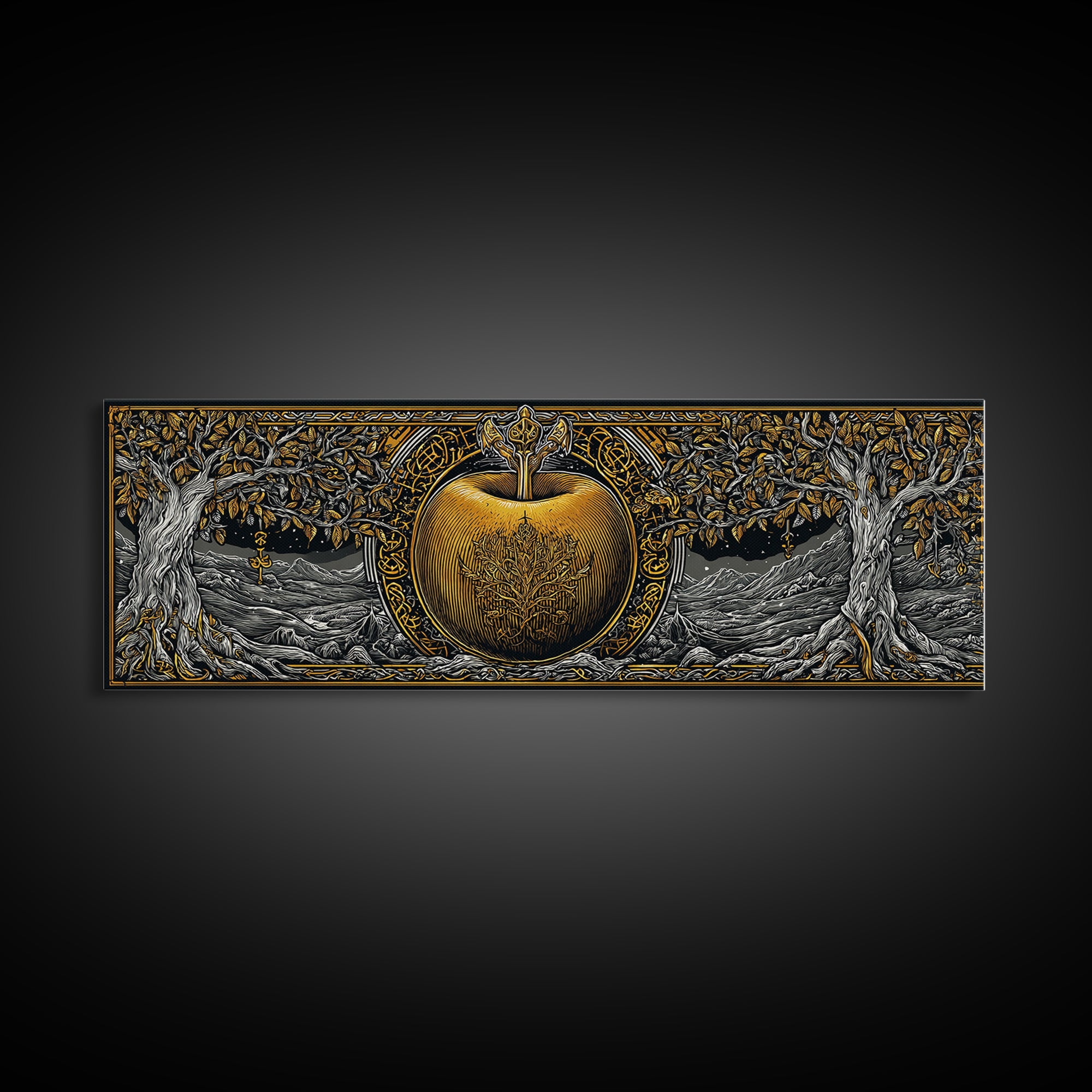 Norse Garden of Idunn Canvas Gold Art Viking Mythology Canvas Art Nordic Apple Decor with real wood frame, Man Cave Wall Art