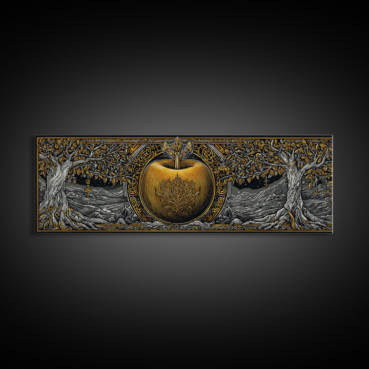 Norse Garden of Idunn Canvas Gold Art Viking Mythology Canvas Art Nordic Apple Decor with real wood frame, Man Cave Wall Art