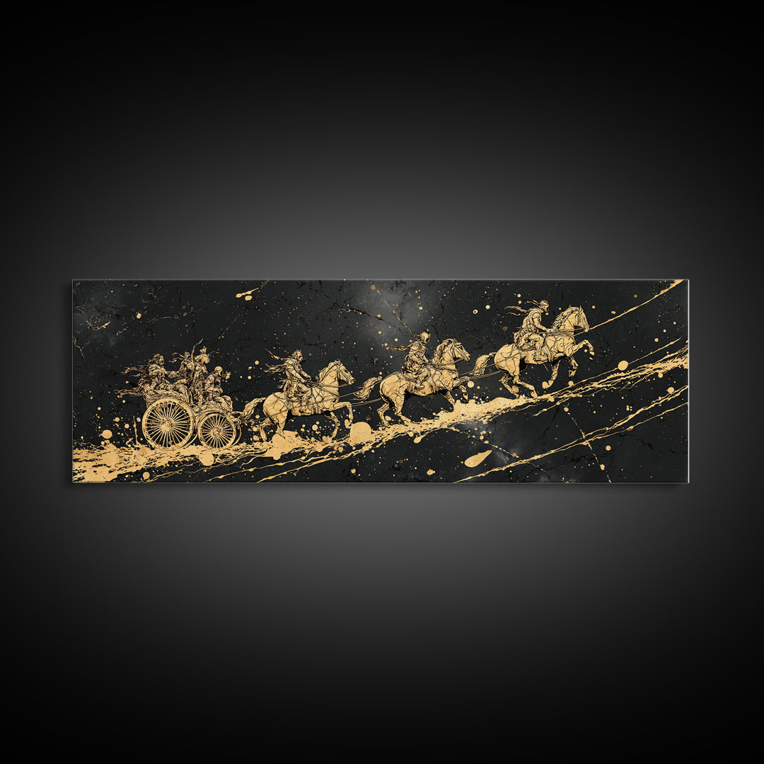 Valkyries’ Ride Canvas Gold Art Norse Mythology Canvas Art Viking Horse Decor framed in natural wood, Warrior Office Wall Art