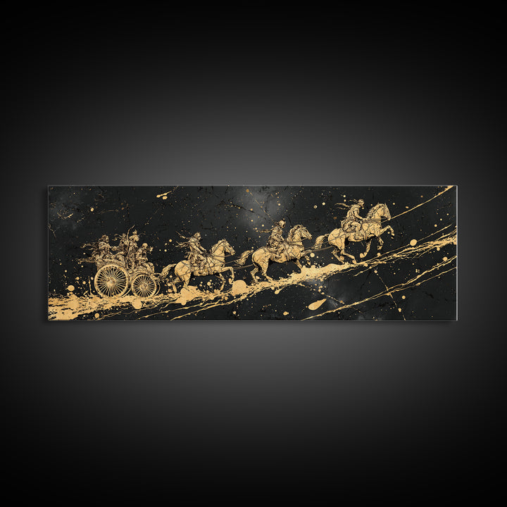 Valkyries’ Ride Canvas Gold Art Norse Mythology Canvas Art Viking Horse Decor framed in natural wood, Warrior Office Wall Art