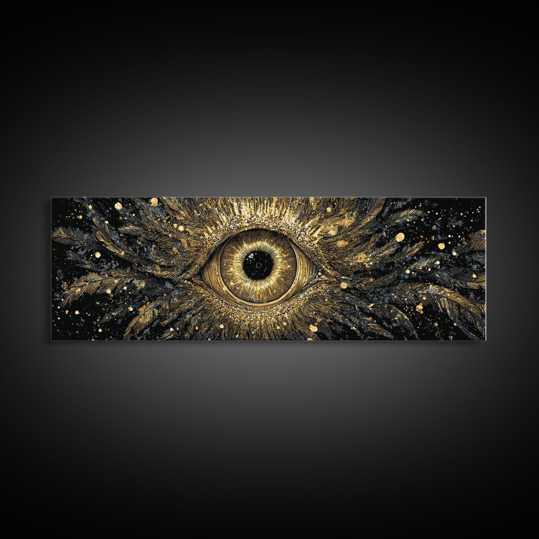 Odin’s All-Seeing Eye Canvas Gold Art Nordic Wall Decor Canvas Art for Office or Man Cave, framed in natural wood