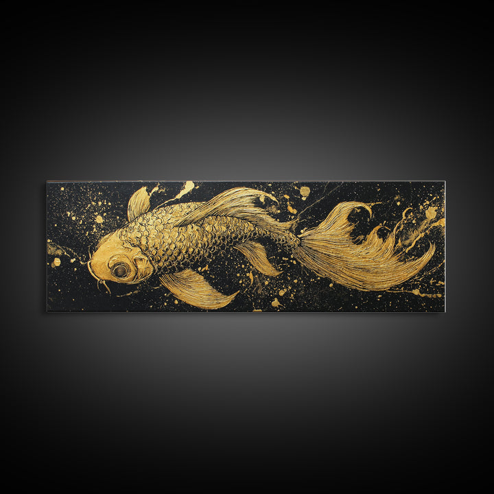 Koi Fish Canvas Gold Art Japanese Nordic Fusion Wall Art Canvas Art with real wood frame, great Viking Dad Gift or Office