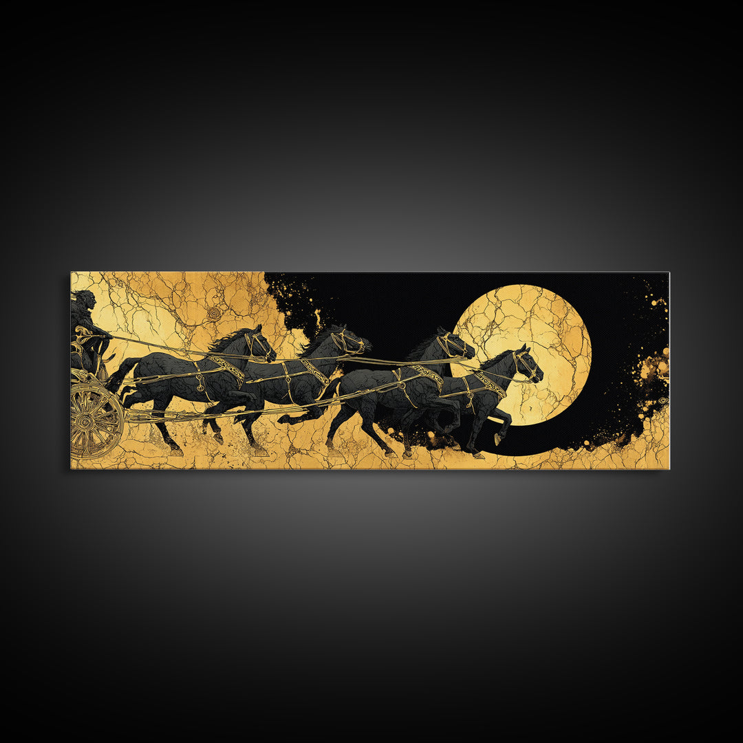 Sol’s Chariot Horses Canvas Gold Art Norse Mythology Canvas Art Wall Decor with wood frame, Viking Office or Man Cave