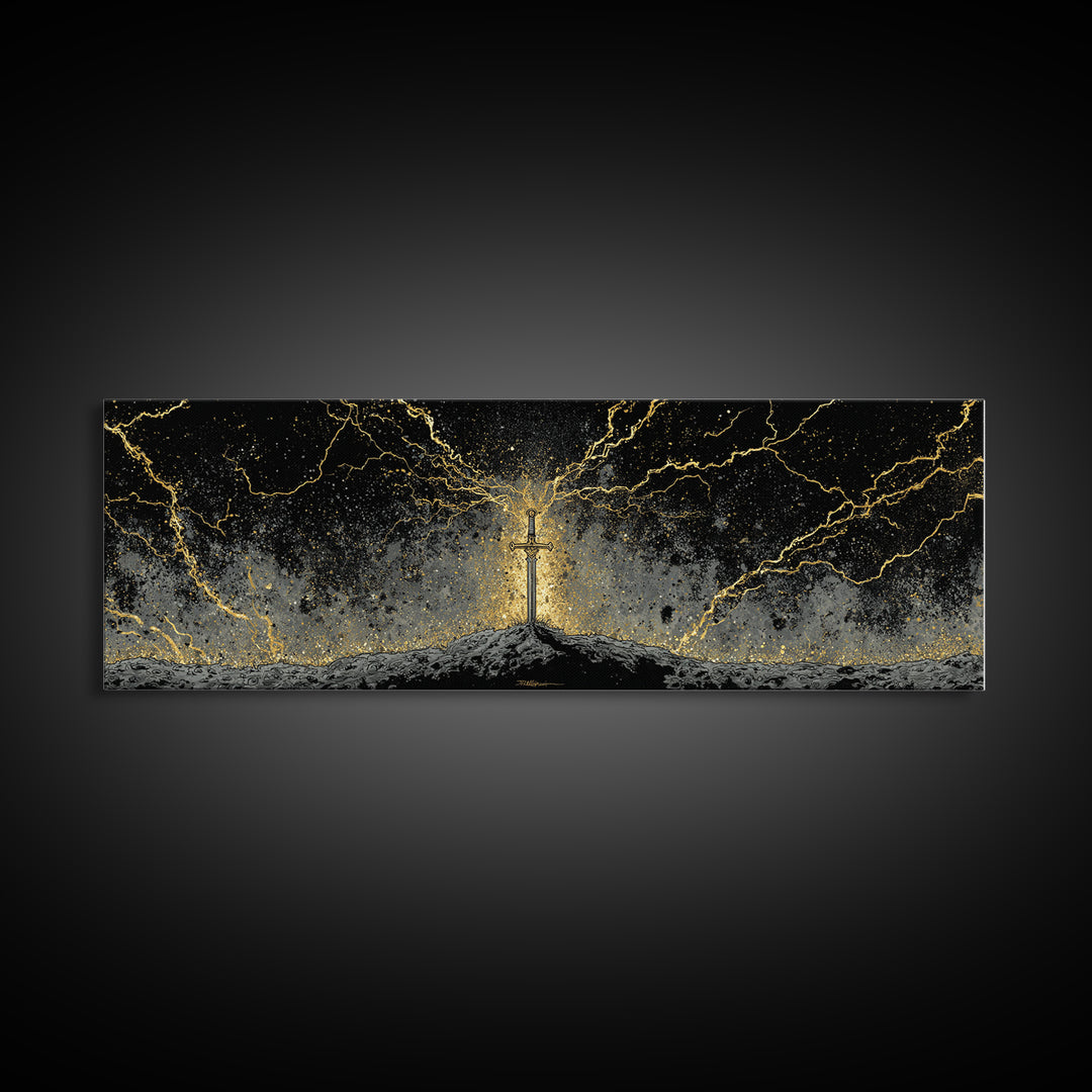 Legendary Sword Canvas Gold Art Norse Mythology Canvas Art Wall Decor for Men, Office or Man Cave framed in real wood