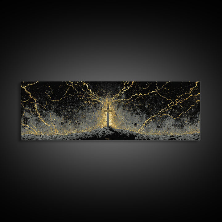 Legendary Sword Canvas Gold Art Norse Mythology Canvas Art Wall Decor for Men, Office or Man Cave framed in real wood