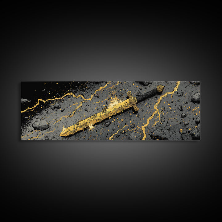 Ancient Norse Blade Canvas Gold Art Canvas Art Viking Decor with natural wood framing, Office Wall Art or Man Cave Gift