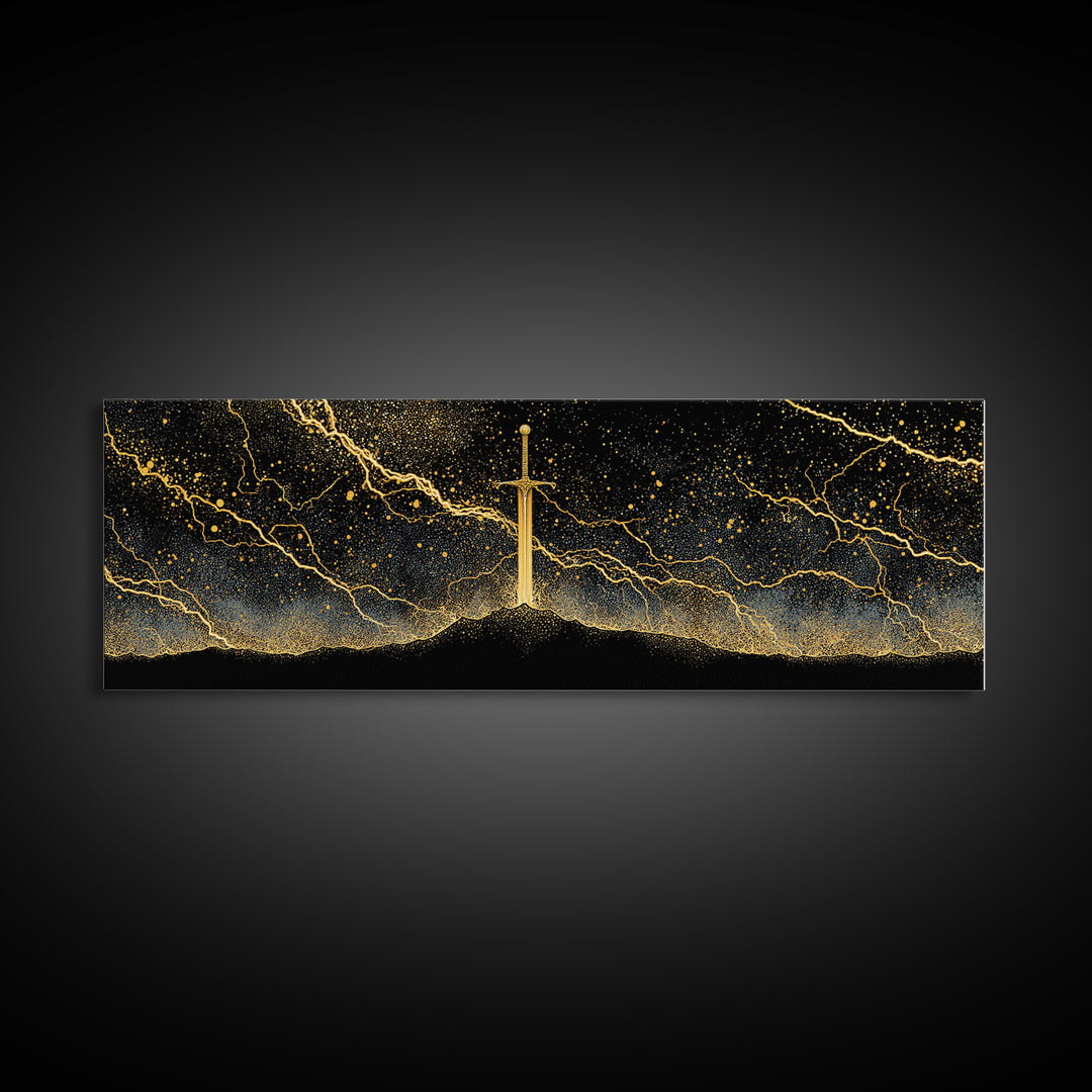Mythic Sword of the Gods Canvas Gold Art Nordic Wall Decor Canvas Art framed in real wood, perfect Man Cave or Dad Gift