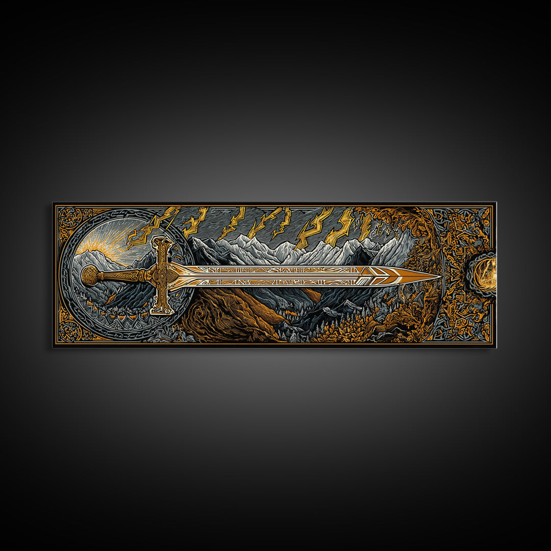 Norse Ornate Sword Canvas Gold Art Canvas Art Viking Mythology Wall Decor with real wood frame, Office Art for Men
