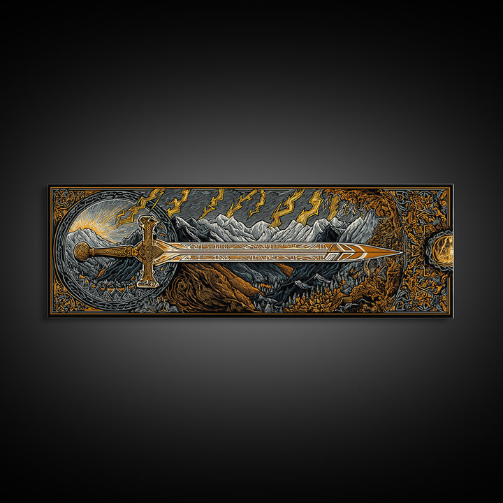 Norse Ornate Sword Canvas Gold Art Canvas Art Viking Mythology Wall Decor with real wood frame, Office Art for Men
