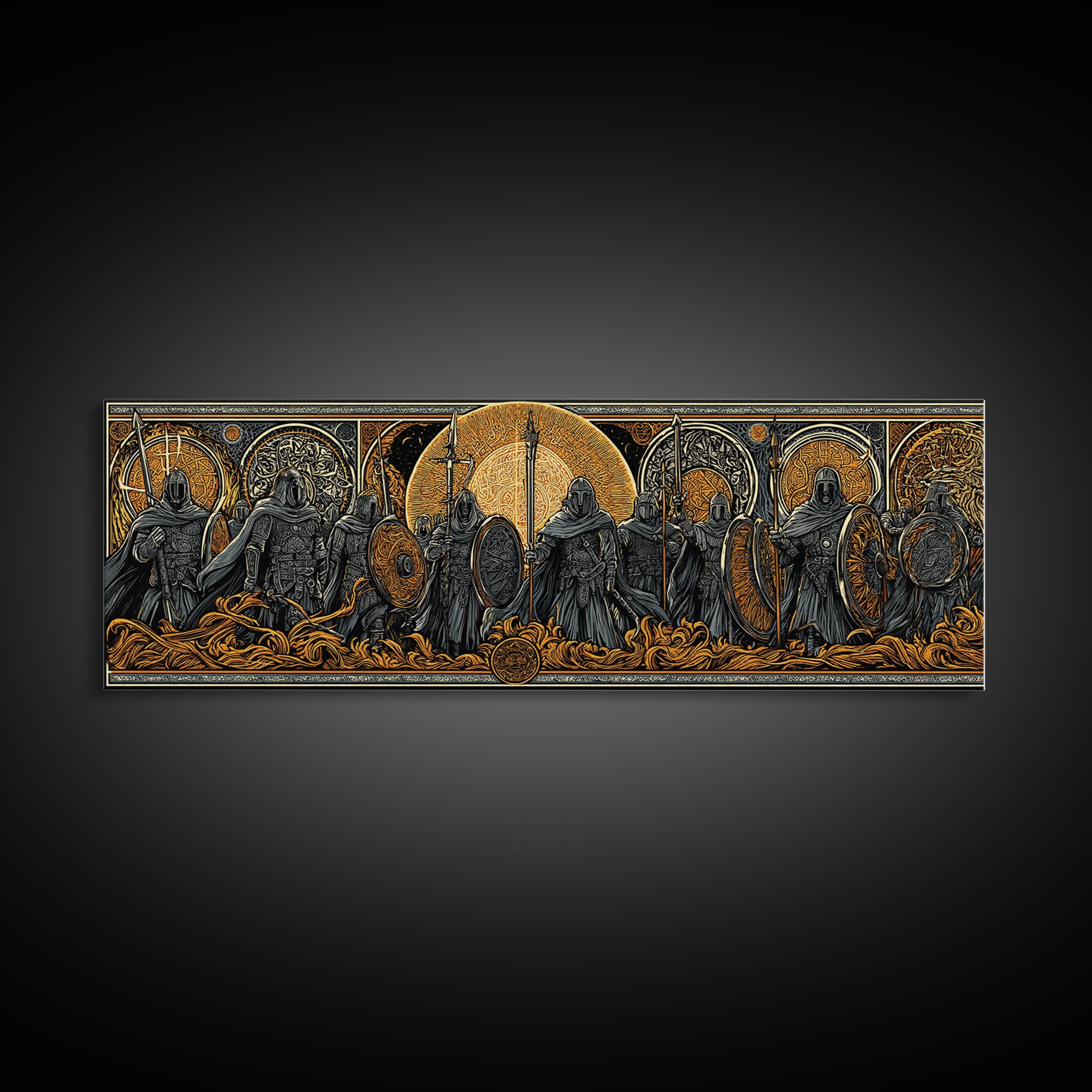 Einherjar Warriors Canvas Gold Art Norse Mythology Canvas Art with wood framing, Viking Man Cave Wall Art for Dad Gift