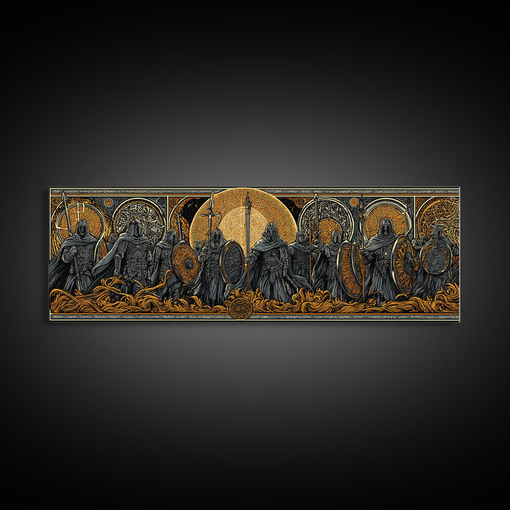 Einherjar Warriors Canvas Gold Art Norse Mythology Canvas Art with wood framing, Viking Man Cave Wall Art for Dad Gift