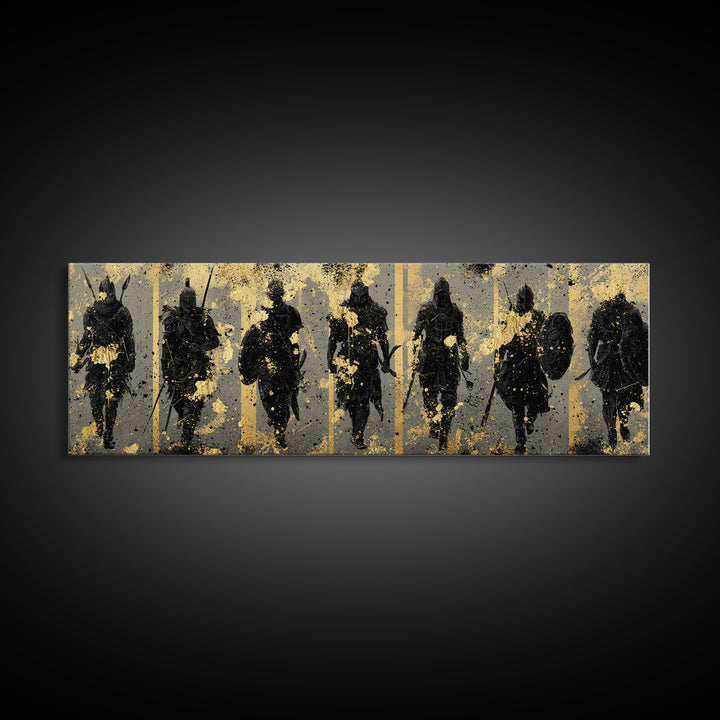 Viking Warriors Canvas Gold Art Norse Canvas Art Wall Decor framed in natural wood, perfect Office Art or Man Cave Decor