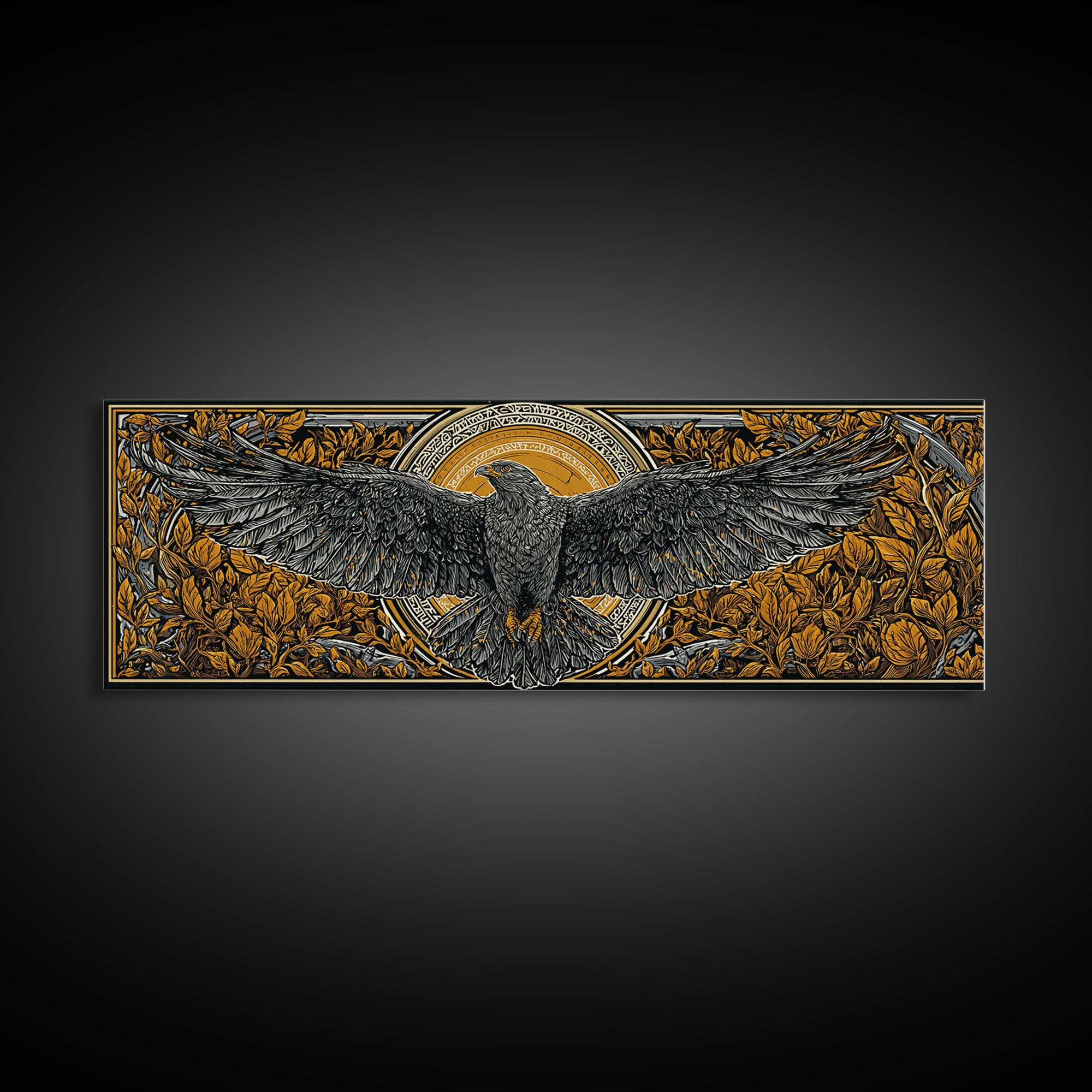 Odin’s Eagle Canvas Gold Art, Norse Mythology Canvas Art framed in real wood, Nordic Office Wall Decor, Viking Man Cave Gift