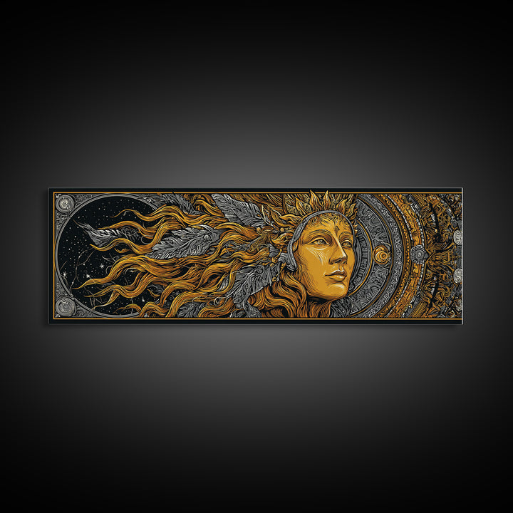 Canvas Art Canvas Gold Sun Goddess Norse Mythology Wall Decor, Nordic Office or Man Cave Art framed in natural wood