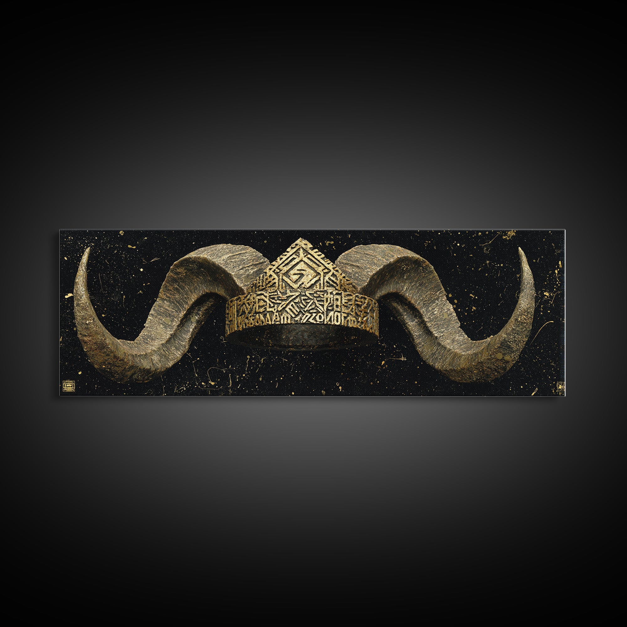 Nordic Horned Crown Canvas Gold Art, Viking Inspired Canvas Art Wall Hanging, Office Decor or Dad Gift in real wood frame