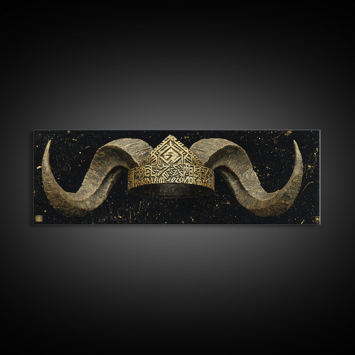 Nordic Horned Crown Canvas Gold Art, Viking Inspired Canvas Art Wall Hanging, Office Decor or Dad Gift in real wood frame