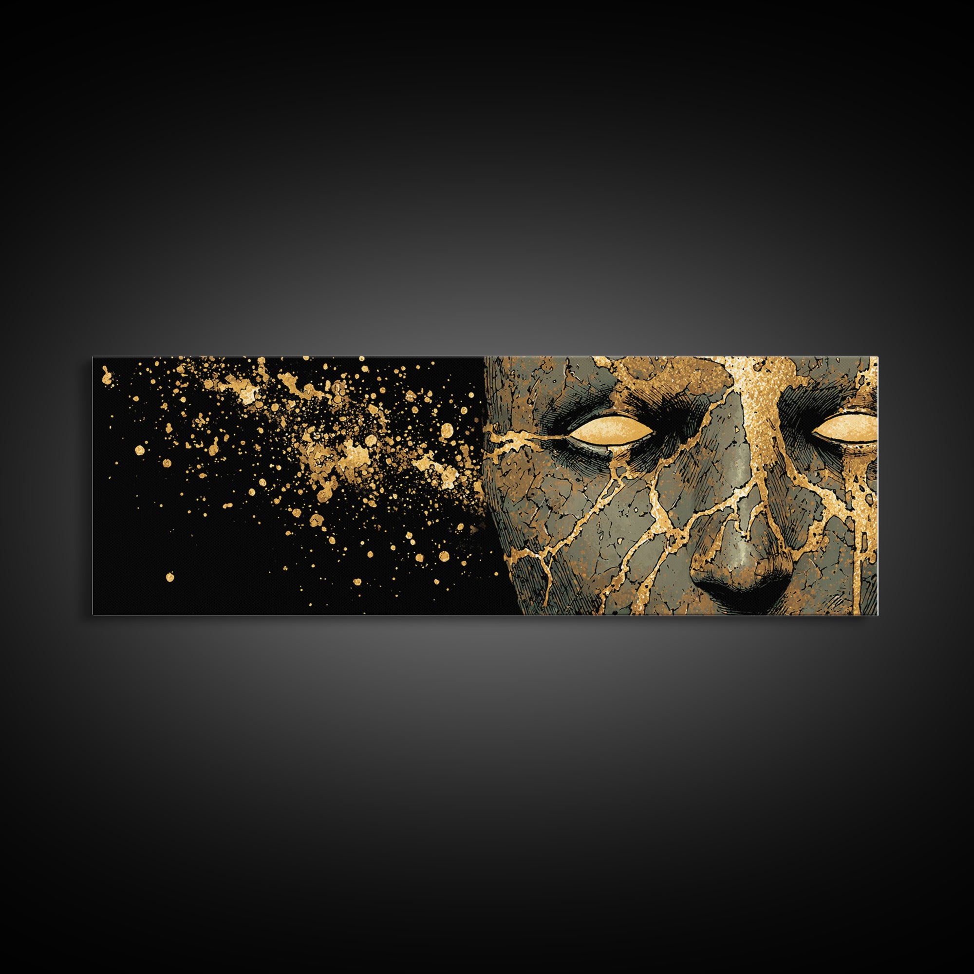 Canvas Art Canvas Gold Broken Face Nordic Mask, Norse Mythology Office or Man Cave Art, Viking Decor with natural wood frame
