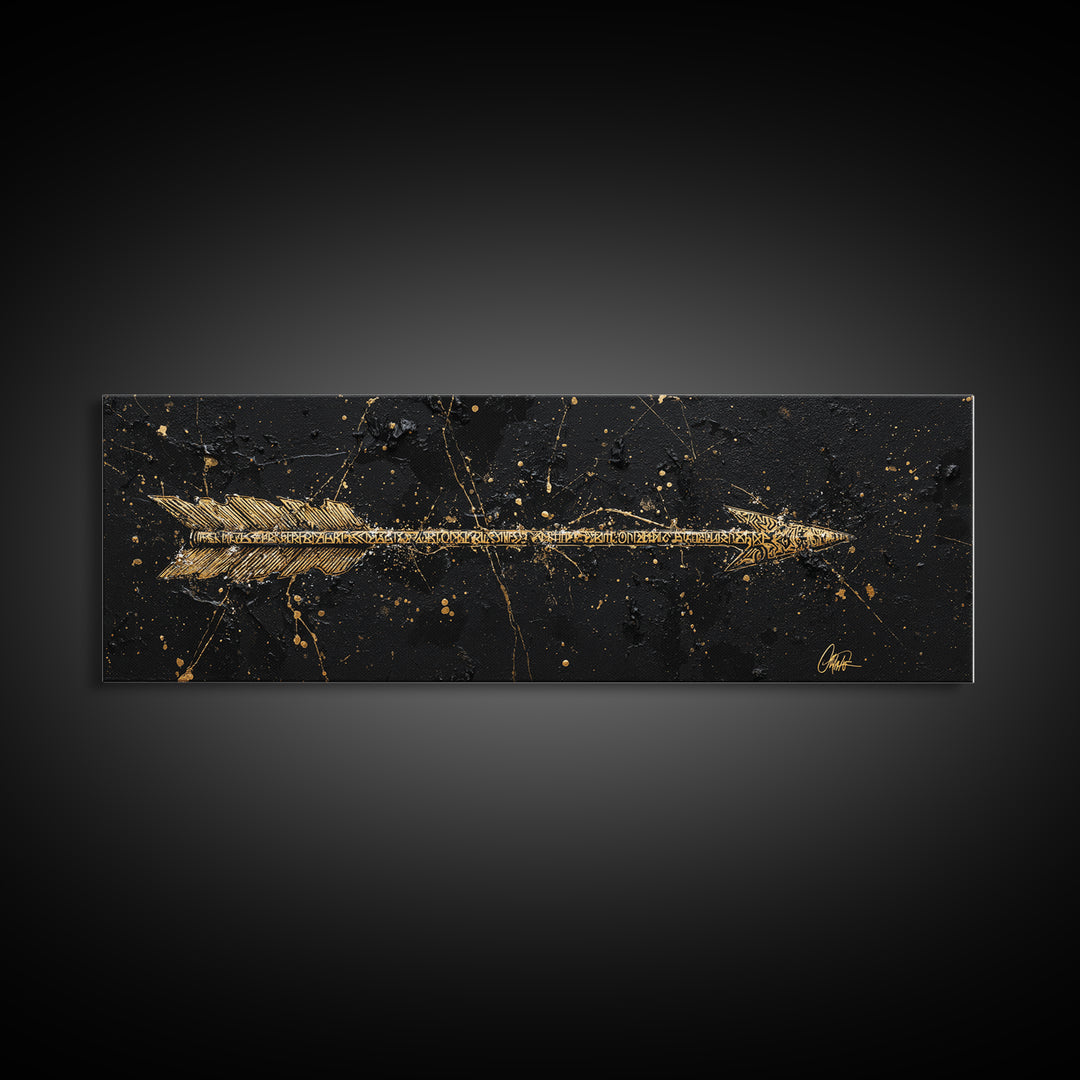 Viking Arrow Canvas Gold Art, Rune Engraved Canvas Art Wall Hanging, Norse Mythology Man Cave Decor with real wood frame