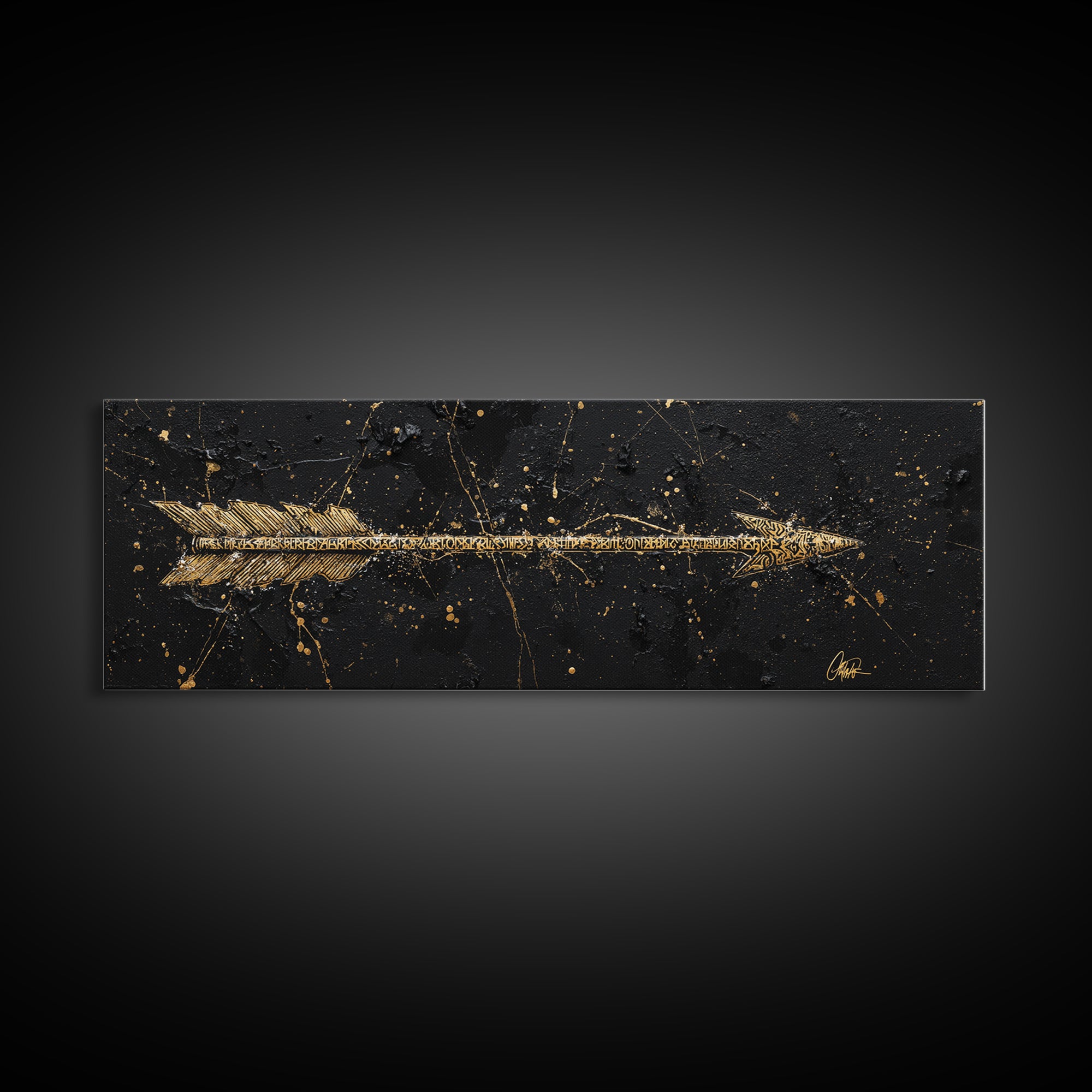 Viking Arrow Canvas Gold Art, Rune Engraved Canvas Art Wall Hanging, Norse Mythology Man Cave Decor with real wood frame