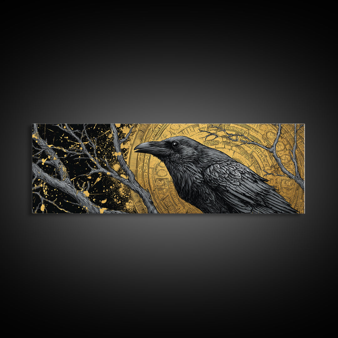 Canvas Art of Odin’s Raven Huginn Canvas Gold Art, Norse Mythology Decor with natural wood frame, Nordic Office or Dad Gift