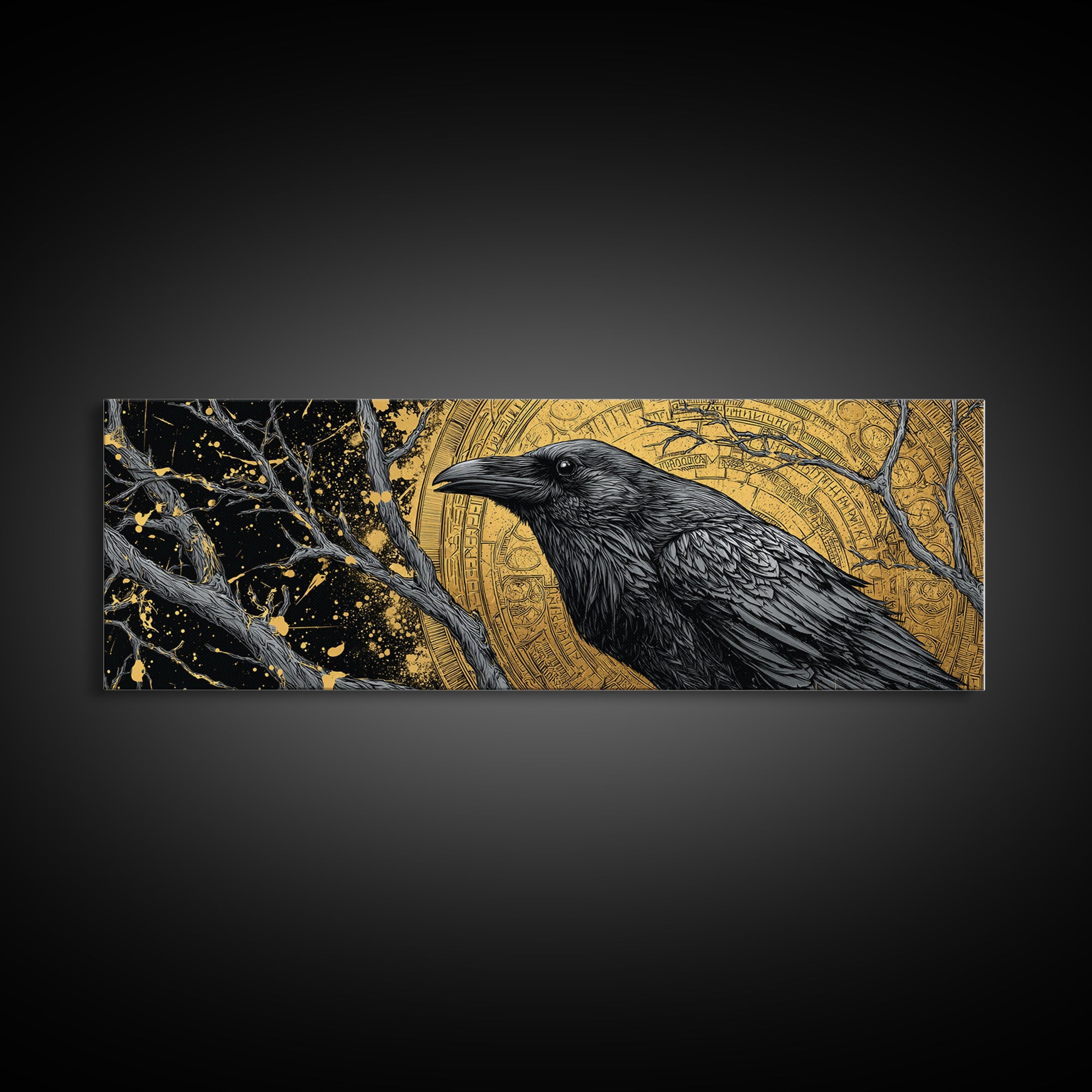 Canvas Art of Odin’s Raven Huginn Canvas Gold Art, Norse Mythology Decor with natural wood frame, Nordic Office or Dad Gift