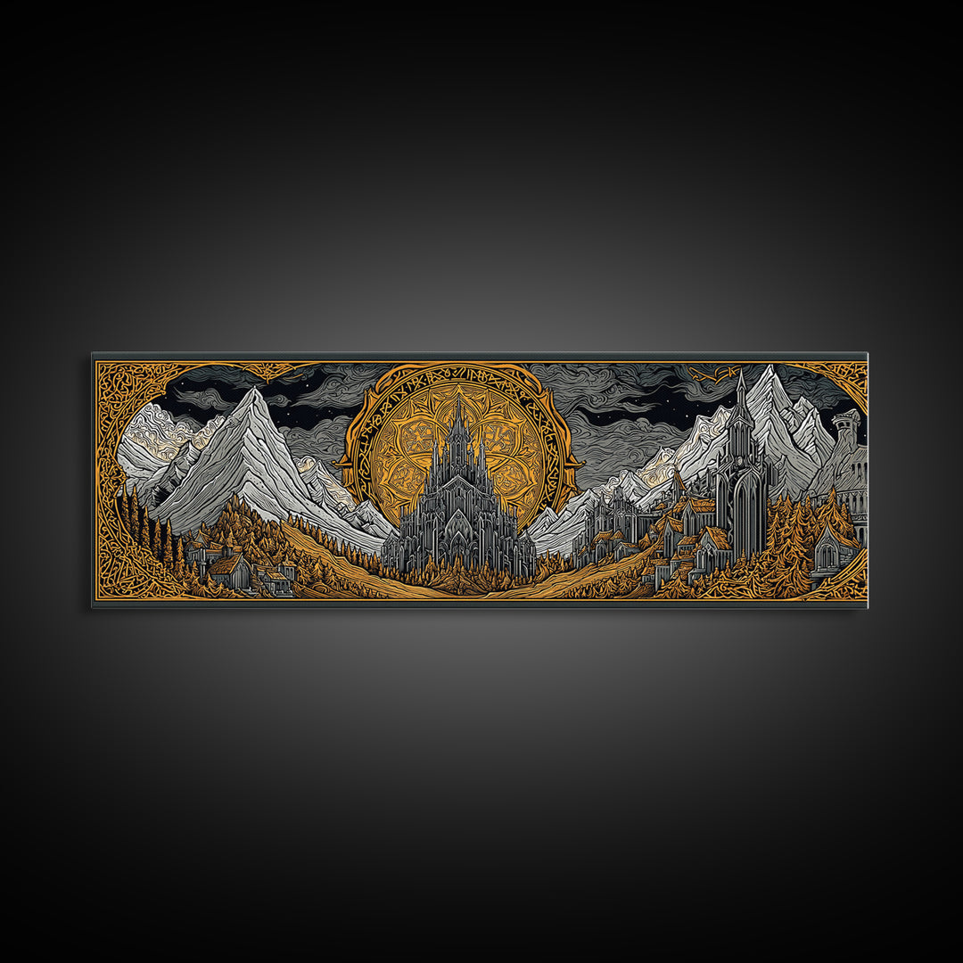 Asgard City Canvas Gold Art, Norse Mythology Canvas Art Wall Hanging, Nordic Office or Man Cave Decor framed in natural wood