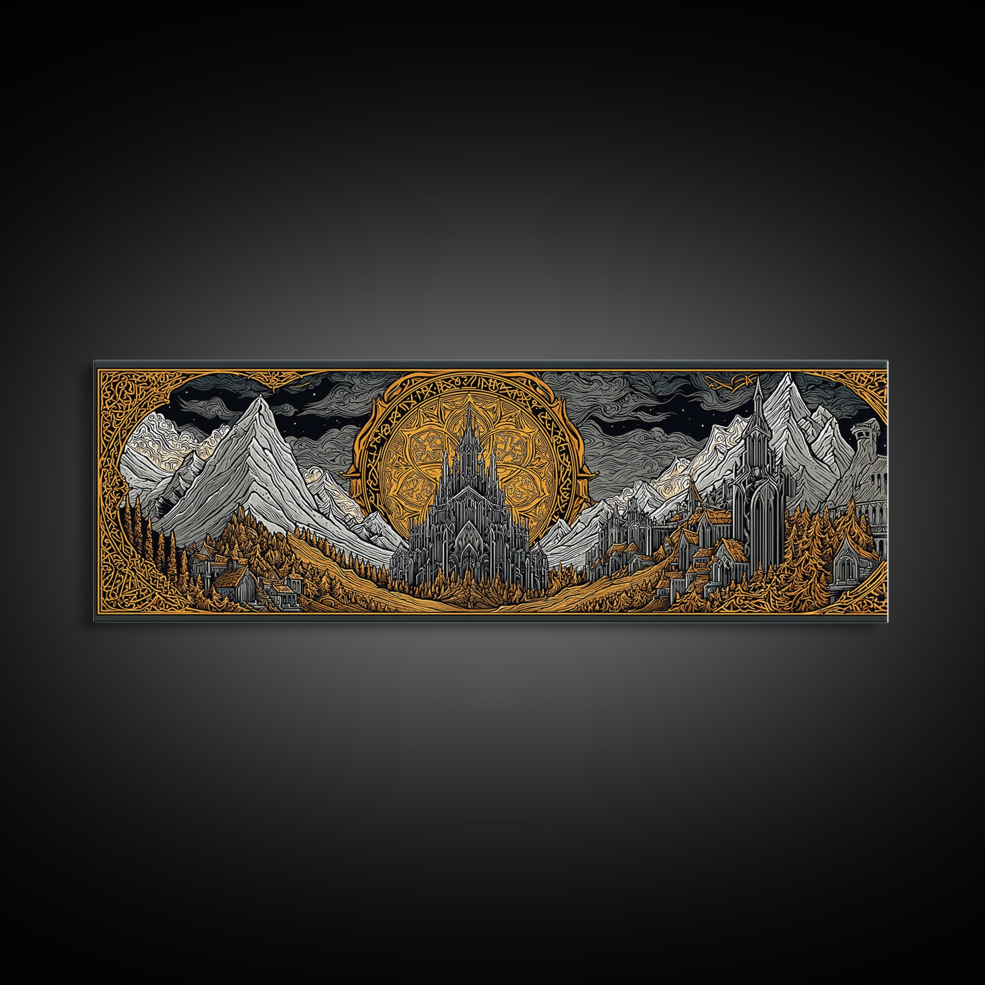 Asgard City Canvas Gold Art, Norse Mythology Canvas Art Wall Hanging, Nordic Office or Man Cave Decor framed in natural wood