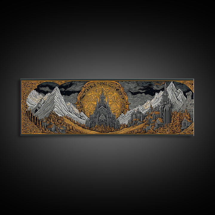 Asgard City Canvas Gold Art, Norse Mythology Canvas Art Wall Hanging, Nordic Office or Man Cave Decor framed in natural wood
