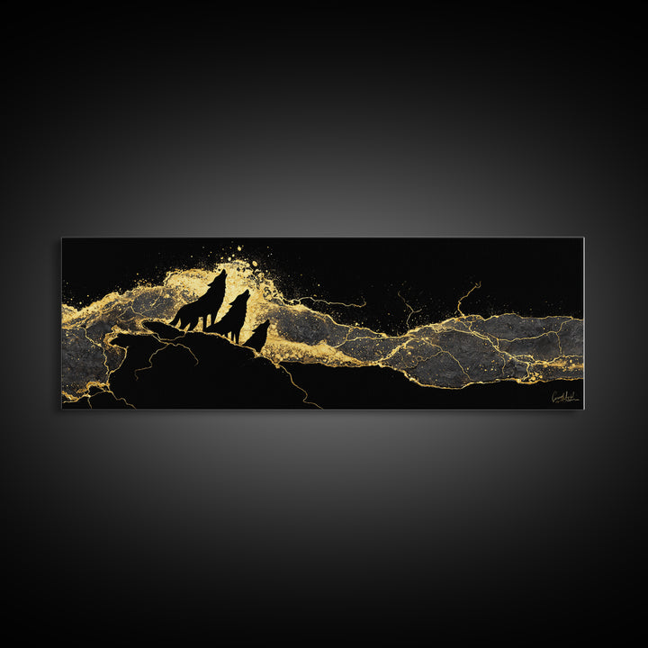 Howling Wolves Norse Canvas Gold Art Canvas Art, Nordic Mythology Office Art for Dad Gift or Man Cave, natural wood framed