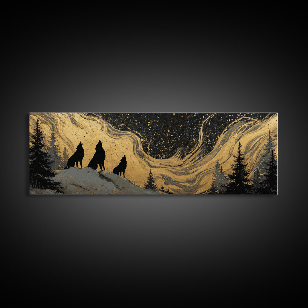 Nordic Wolves Under Stars Canvas Gold Art Canvas Art, Viking Mythology Night Sky Office Decor, framed in solid wood