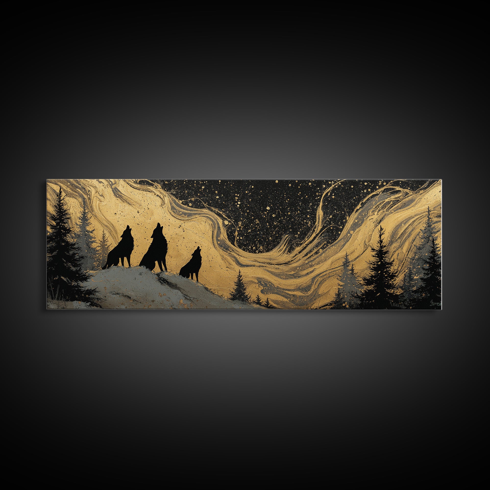 Nordic Wolves Under Stars Canvas Gold Art Canvas Art, Viking Mythology Night Sky Office Decor, framed in solid wood