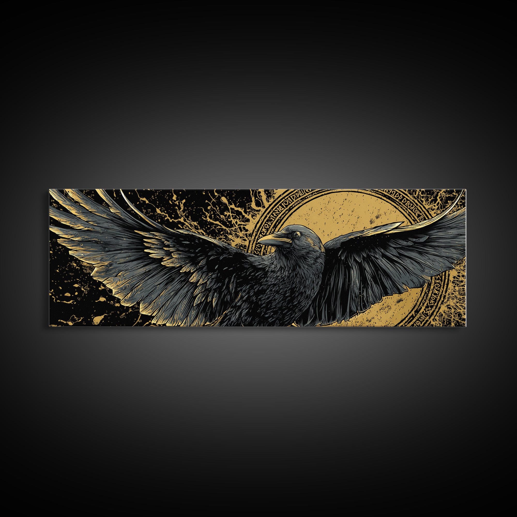 Odin’s Raven Huginn Muninn Canvas Gold Art Canvas Art, Norse Mythology Office Art for Men, framed in authentic wood
