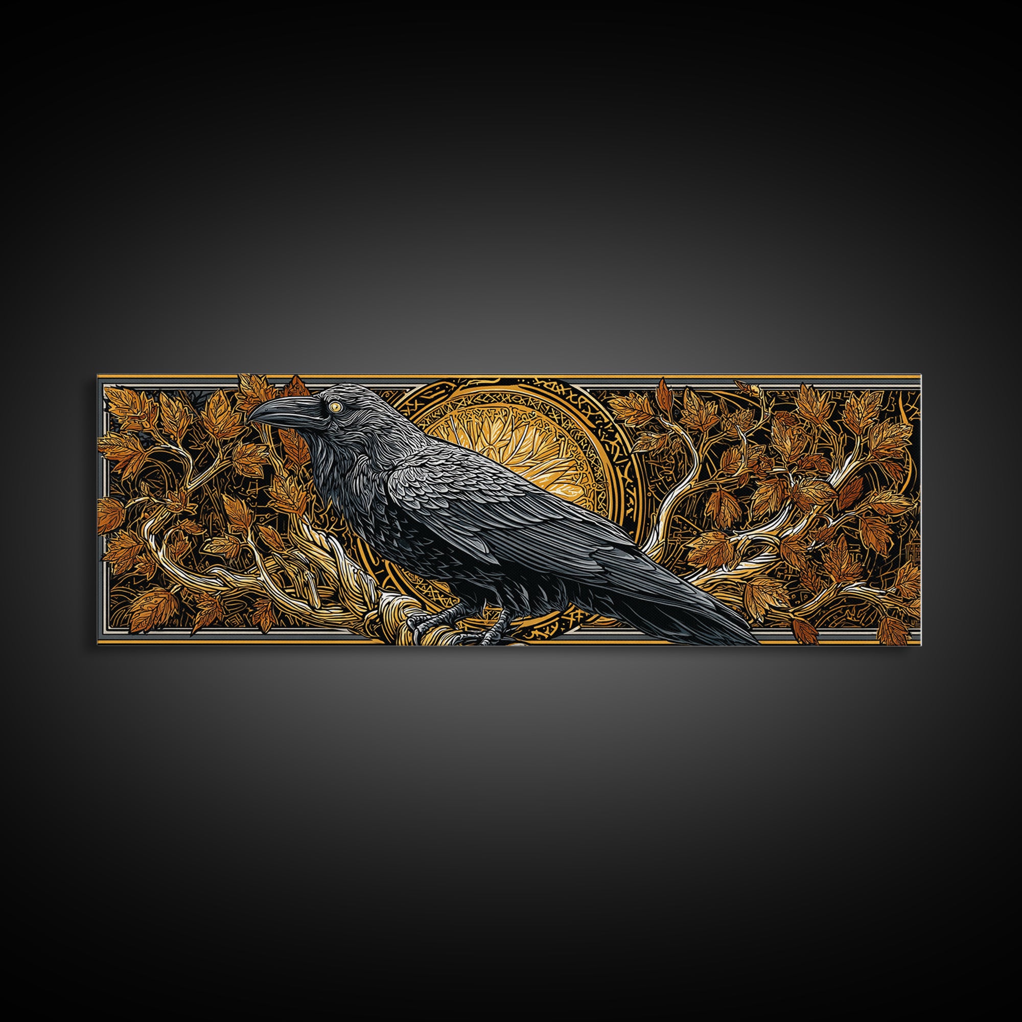 Canvas Gold Art Norse Raven Muninn Canvas Art, Viking Wall Decor framed in real wood, Nordic Mythology Office Art, Gift for Men