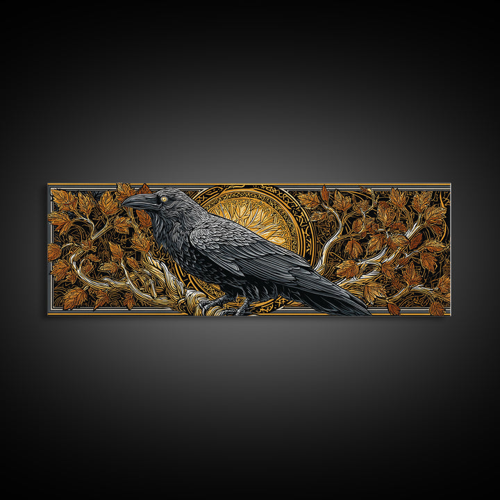 Canvas Gold Art Norse Raven Muninn Canvas Art, Viking Wall Decor framed in real wood, Nordic Mythology Office Art, Gift for Men