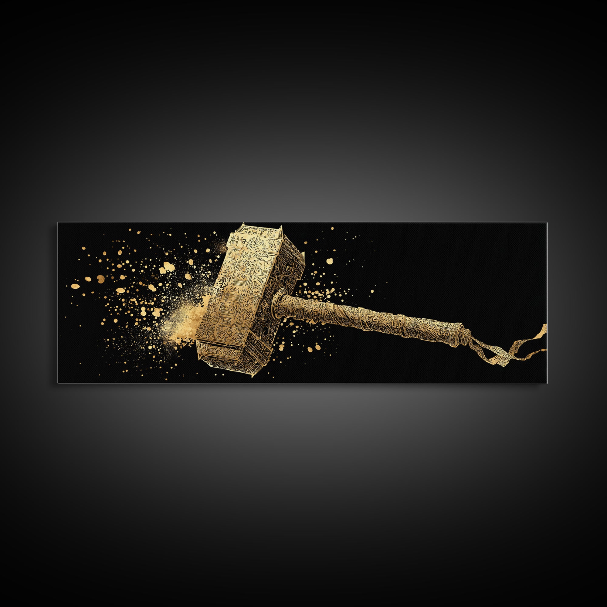 Thor’s Hammer Mjolnir Canvas Gold Art, Norse Mythology Canvas Art with real wood frame, Viking Office Wall Decor, Unique Dad Gift