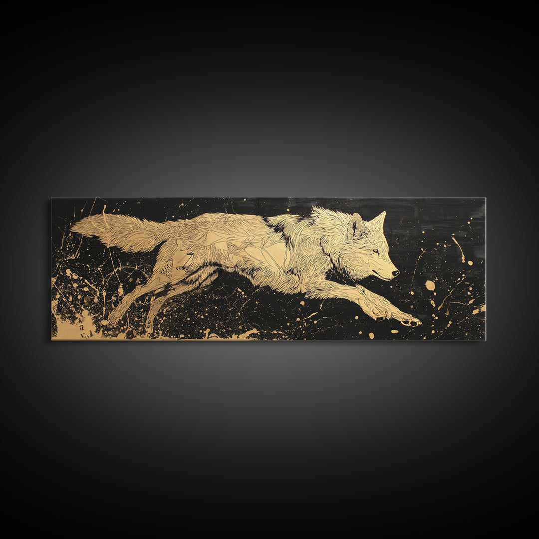 Fenrir Wolf Canvas Gold Art, Norse Mythology Canvas Art framed in natural wood, Viking Man Cave Decor, Nordic Wall Art Dad Gift