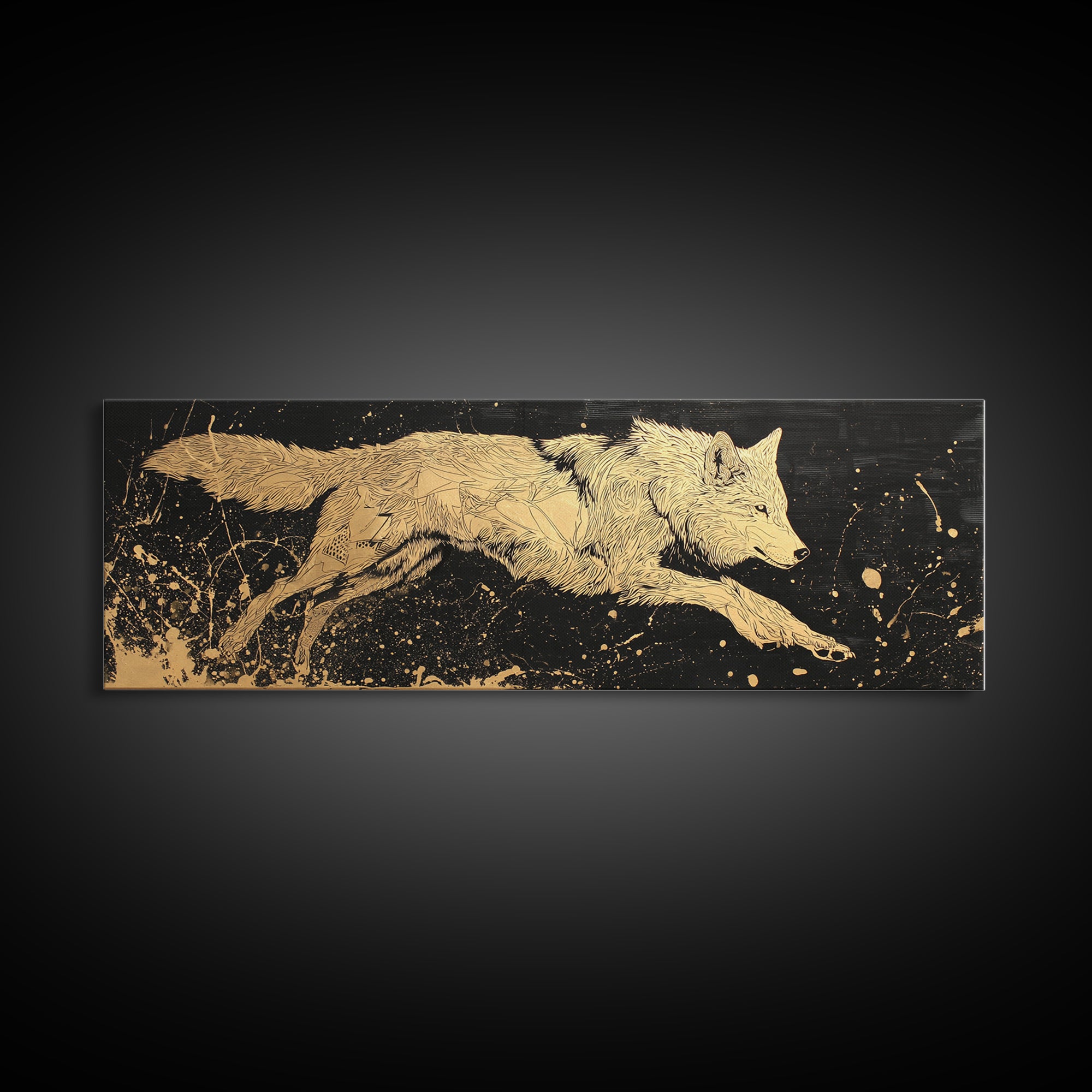 Fenrir Wolf Canvas Gold Art, Norse Mythology Canvas Art framed in natural wood, Viking Man Cave Decor, Nordic Wall Art Dad Gift