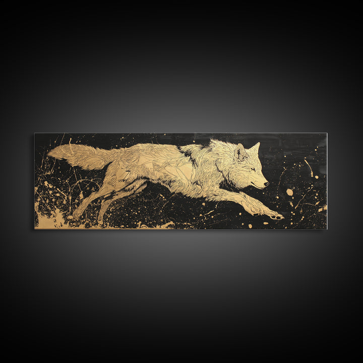 Fenrir Wolf Canvas Gold Art, Norse Mythology Canvas Art framed in natural wood, Viking Man Cave Decor, Nordic Wall Art Dad Gift
