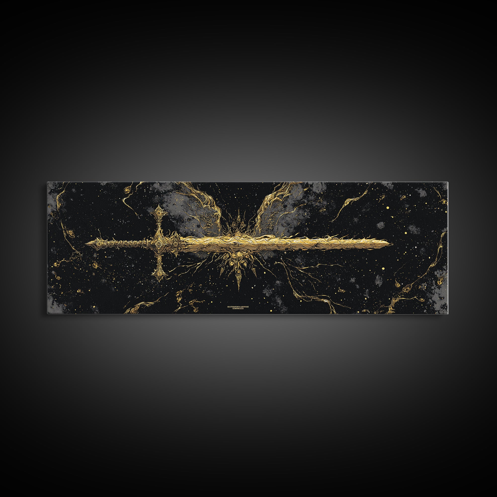Golden Sword Canvas Gold Art, Norse Mythology Canvas Art framed in real wood, Viking Office Wall Decor, Nordic Man Cave Gift