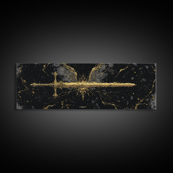 Golden Sword Canvas Gold Art, Norse Mythology Canvas Art framed in real wood, Viking Office Wall Decor, Nordic Man Cave Gift