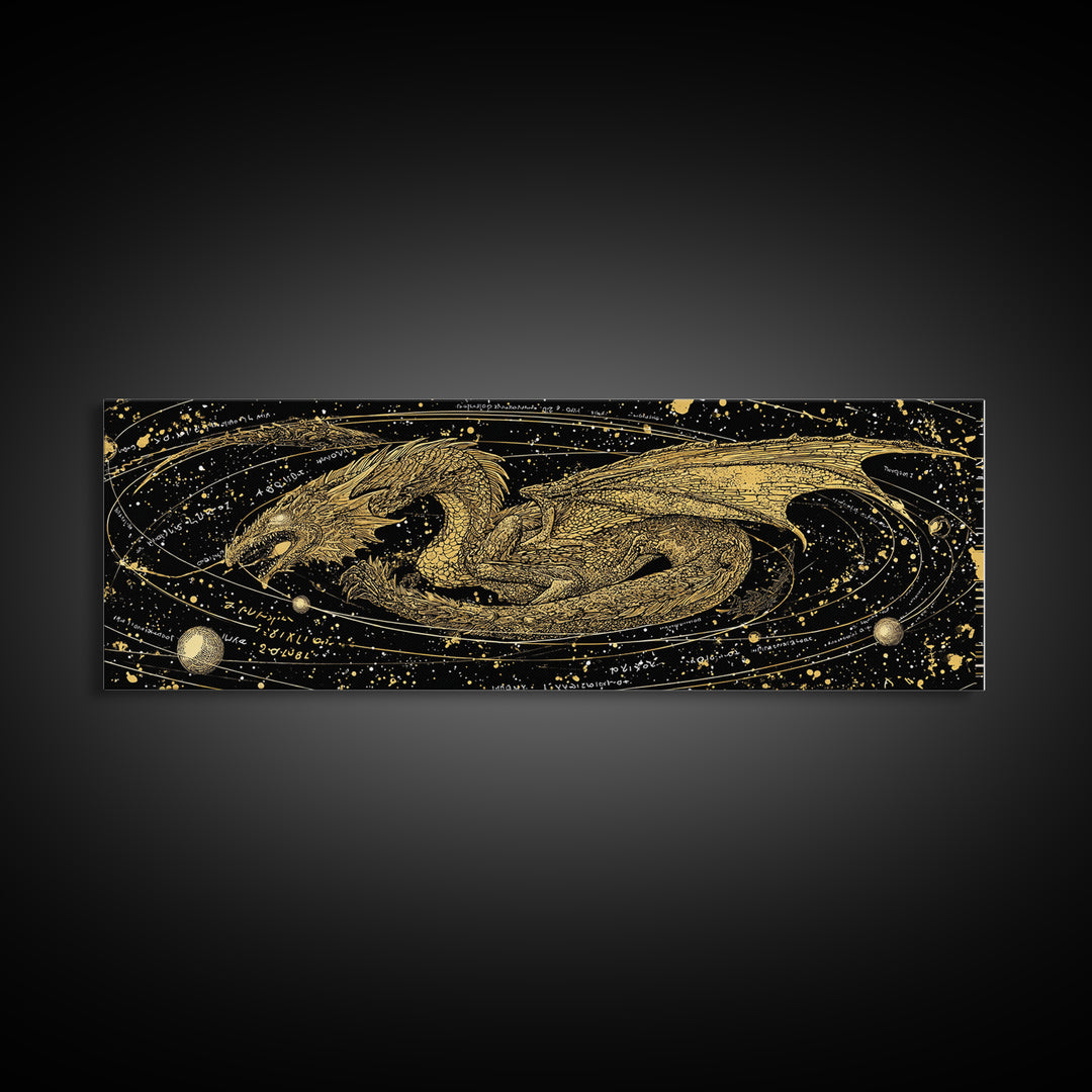 Jormungandr Dragon Canvas Gold Art, Norse Mythology Canvas Art with natural wood frame, Viking Decor for Office, Dad Gift Man Cave