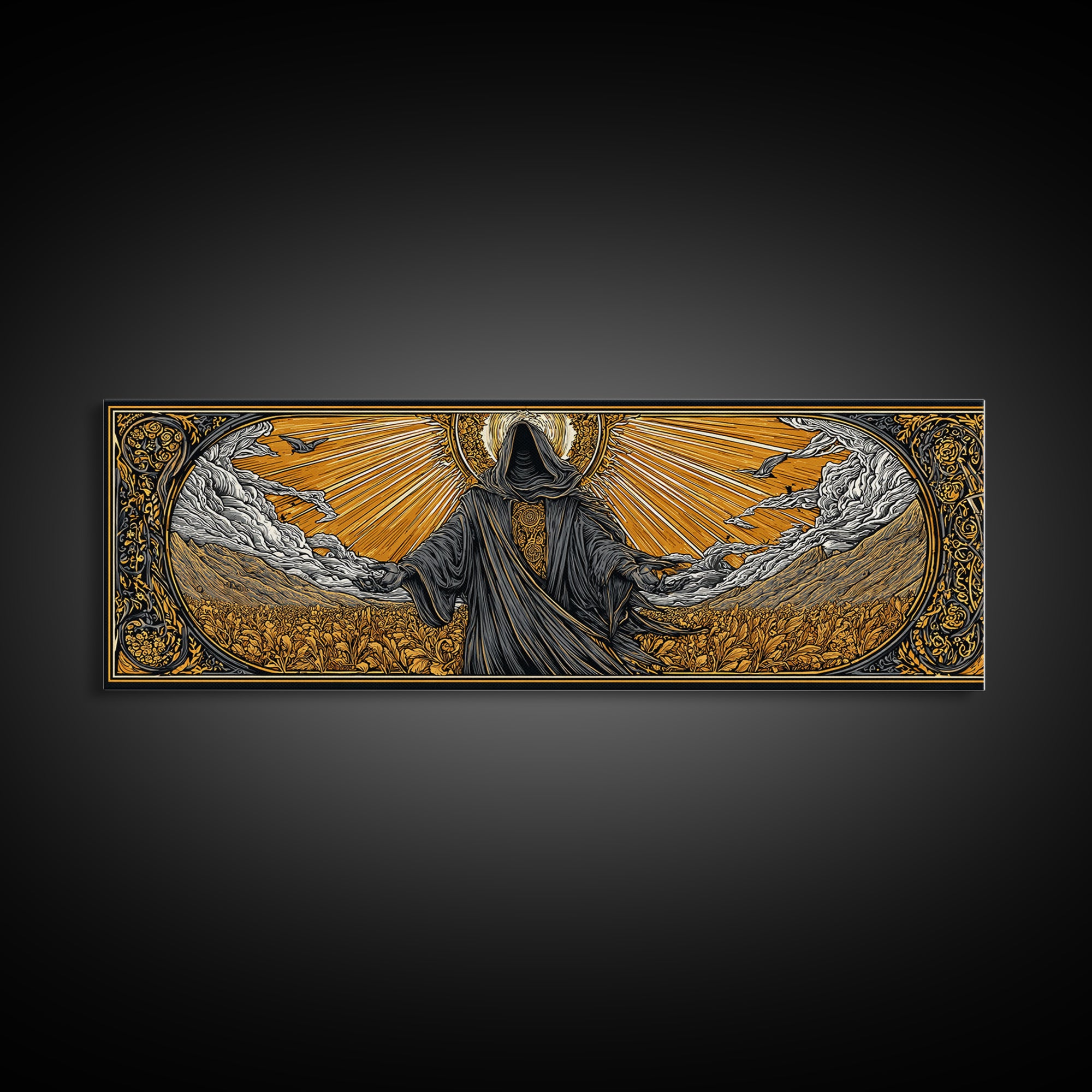 Norse God Baldur Canvas Gold Art Canvas Art, Nordic Mythology Office Decor Man Cave Wall Art, with real wood frame