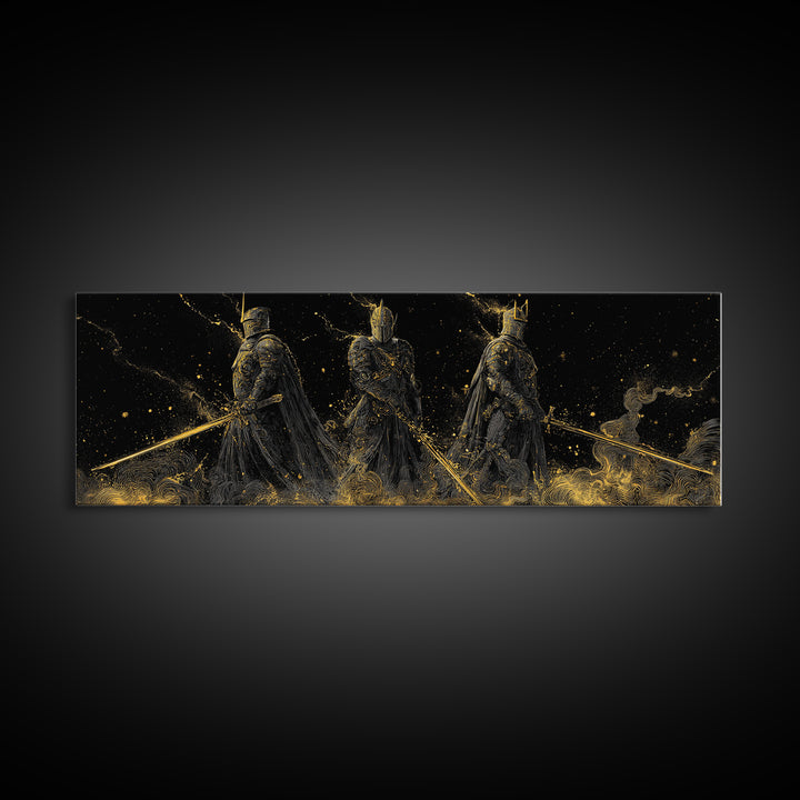 Einherjar Warriors Viking Canvas Gold Art Canvas Art, Norse Mythology Office Art Dad Gift, framed in natural wood