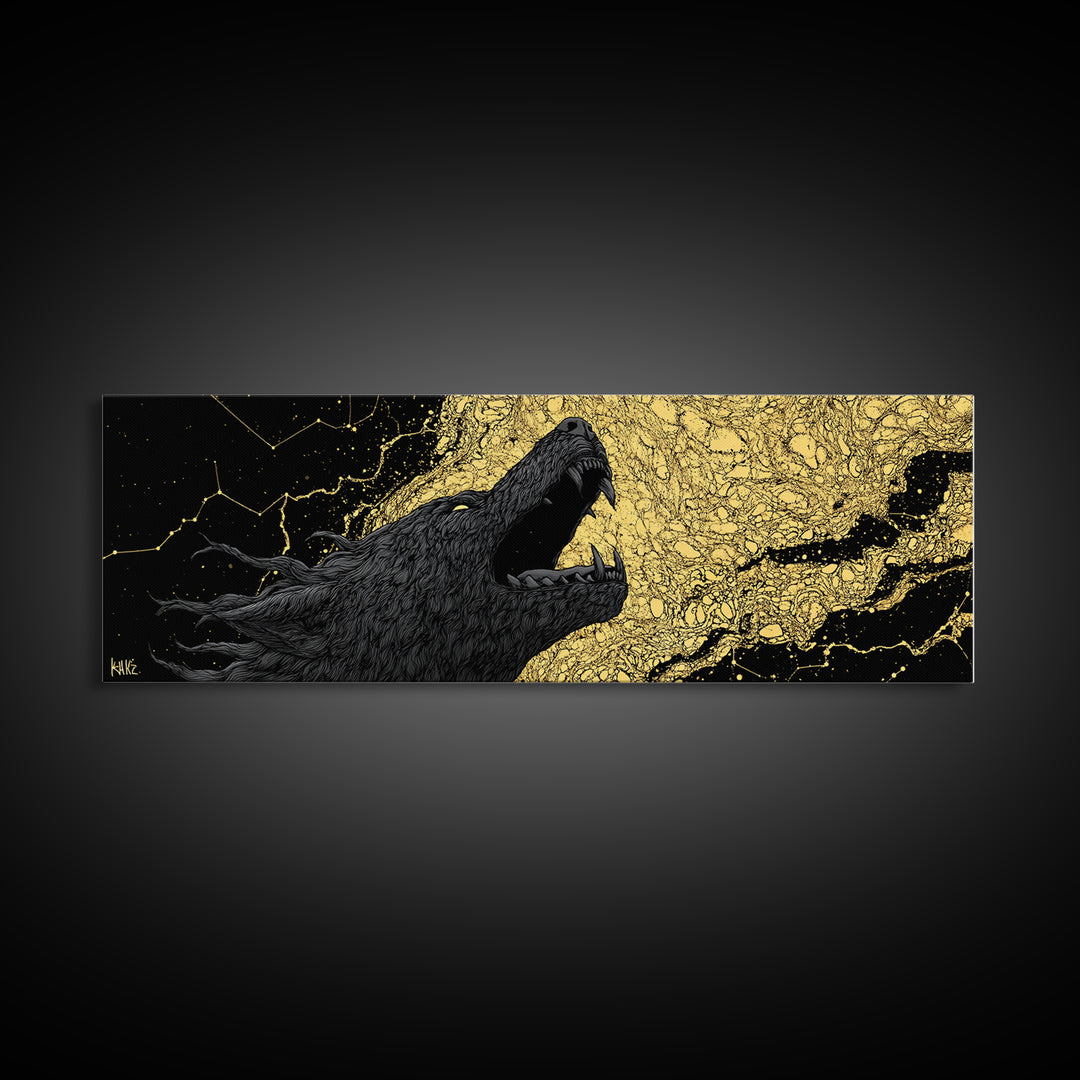 Fenrir Bound Norse Wolf Canvas Gold Art Canvas Art, Nordic Mythology Office Decor for Men, framed in natural wood