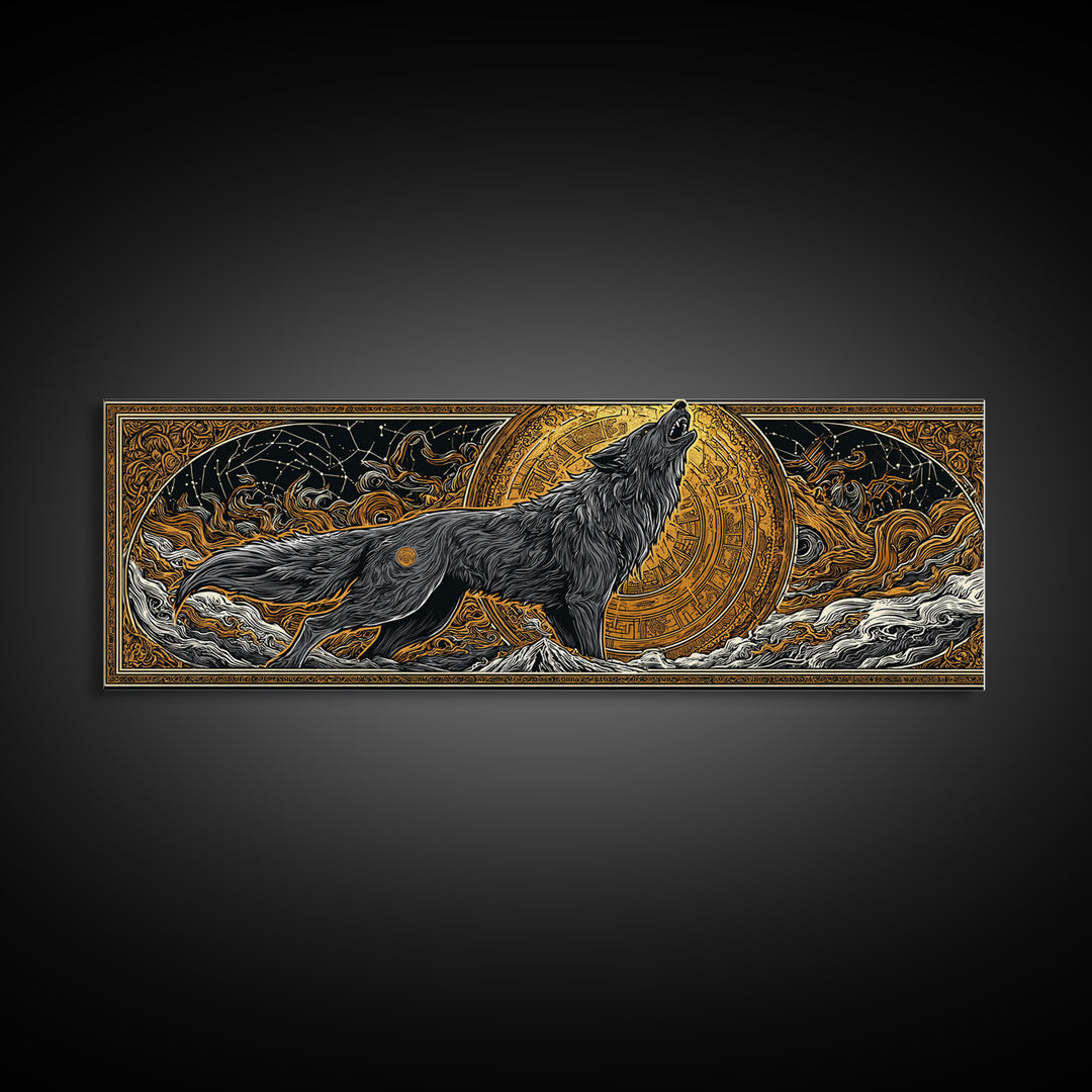 Fenrir Wolf of Ragnarok Canvas Gold Art Canvas Art, Norse Mythology Office Decor Man Cave Wall Art, with real wood frame
